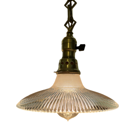 VL1266 Antique c1905 Brass 2 Light Pendant Chandelier Holophane Shades Restored - Image 3