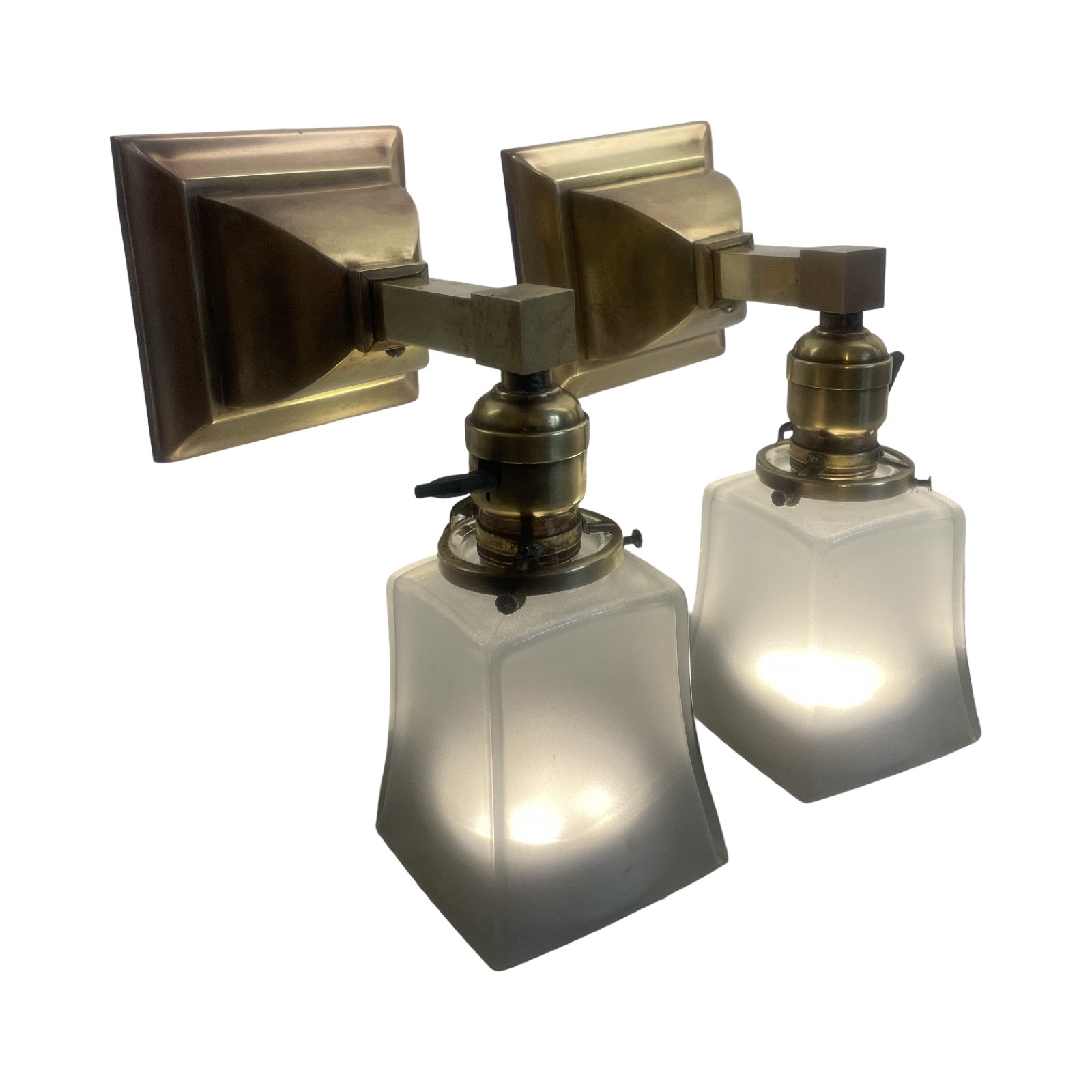 VL1256 Pair Antique c1905 Craftsman Brass Sconces Jefferson Shades Restored - Image 2