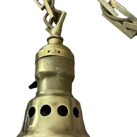 VL1266 Antique c1905 Brass 2 Light Pendant Chandelier Holophane Shades Restored - Image 6