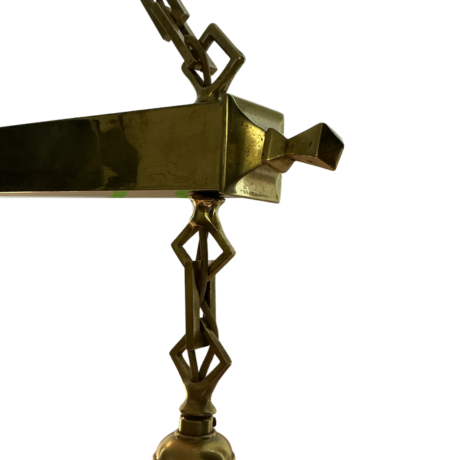 VL1266 Antique c1905 Brass 2 Light Pendant Chandelier Holophane Shades Restored - Image 4