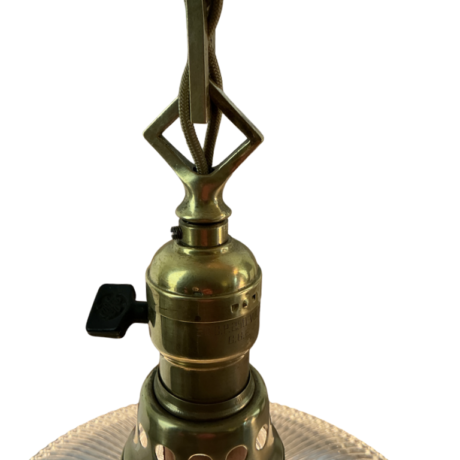 VL1266 Antique c1905 Brass 2 Light Pendant Chandelier Holophane Shades Restored - Image 7