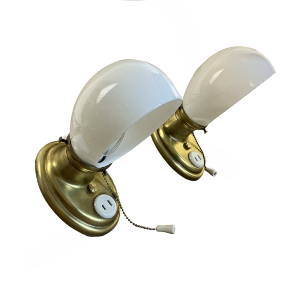 VL1257 Pair Art Deco c1930 Brass & Porcelain Sconces Milk Glass Shades Restored
