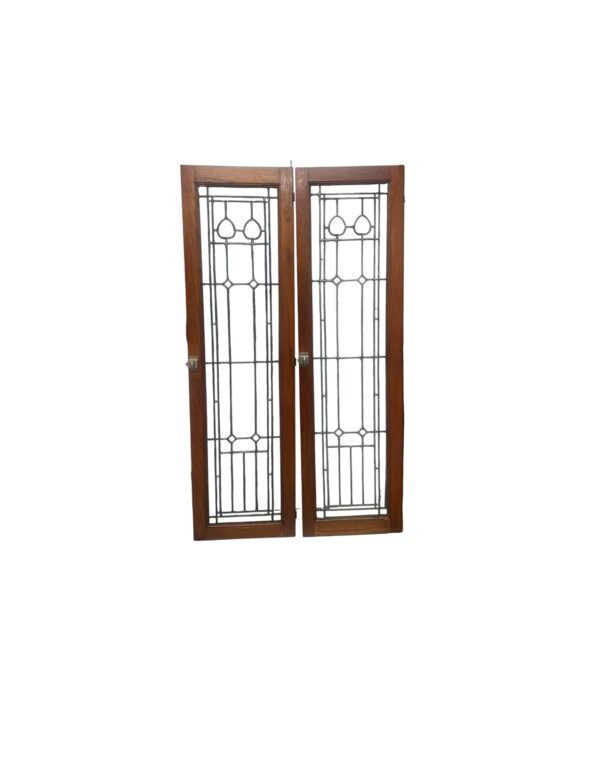 AG1080 Pair Antique c1910 Craftsman Leaded Glass Cabinet Door Panels Original