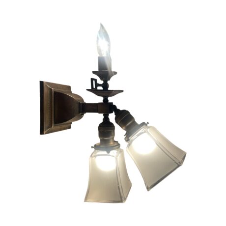 VL1271 Antique c1905 Brass Craftsman 3-Lt Converted Gas/Electric Sconce Restored - Image 2