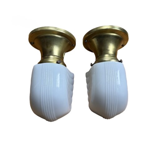 VL1279 Pair Art Deco c1930 Brass Sconces Milk Glass Streamline Shades Restored