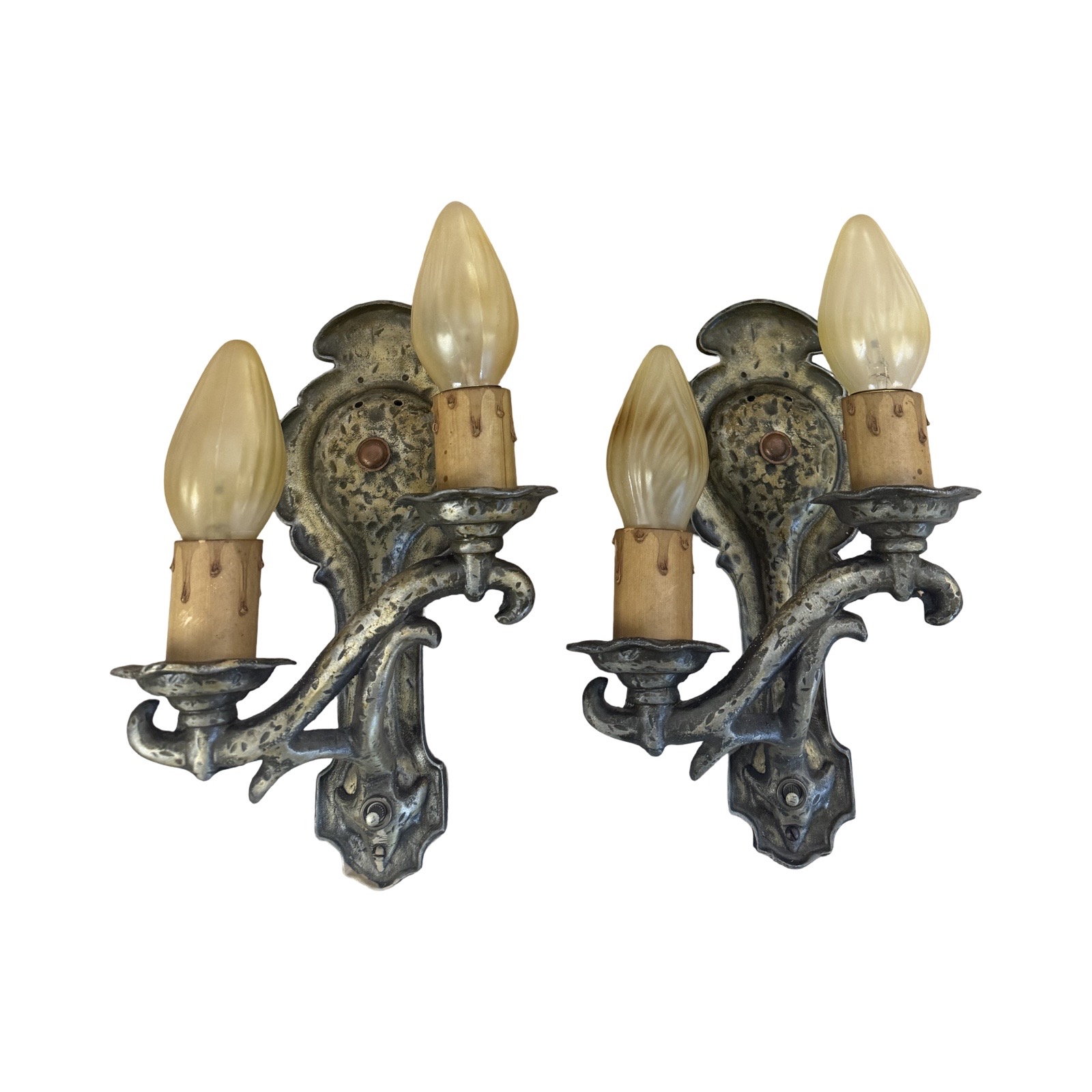 VL1281 Pr Markel MEP 2-Arm Hammered Tudor Sconces c1927 Original Finish Restored