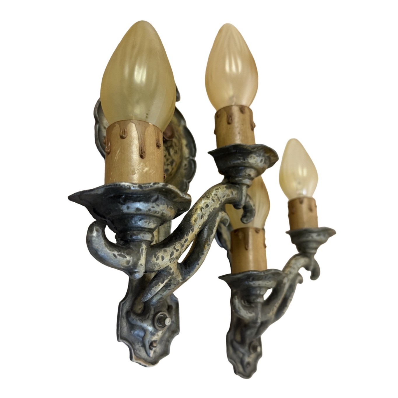 VL1281 Pr Markel MEP 2-Arm Hammered Tudor Sconces c1927 Original Finish Restored - Image 2