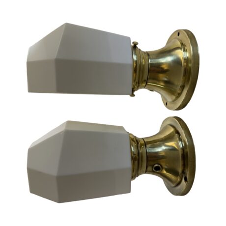 VL1280 Pair Art Deco Brass Sconces c1930 Milk Glass Angular Shades Restored RARE