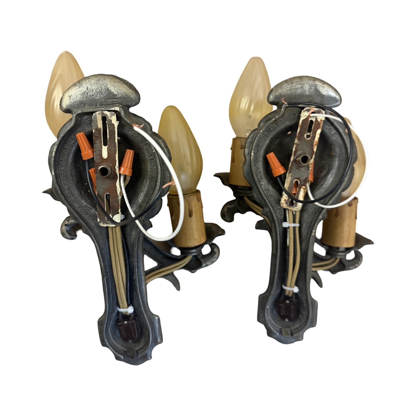 VL1281 Pr Markel MEP 2-Arm Hammered Tudor Sconces c1927 Original Finish Restored - Image 7