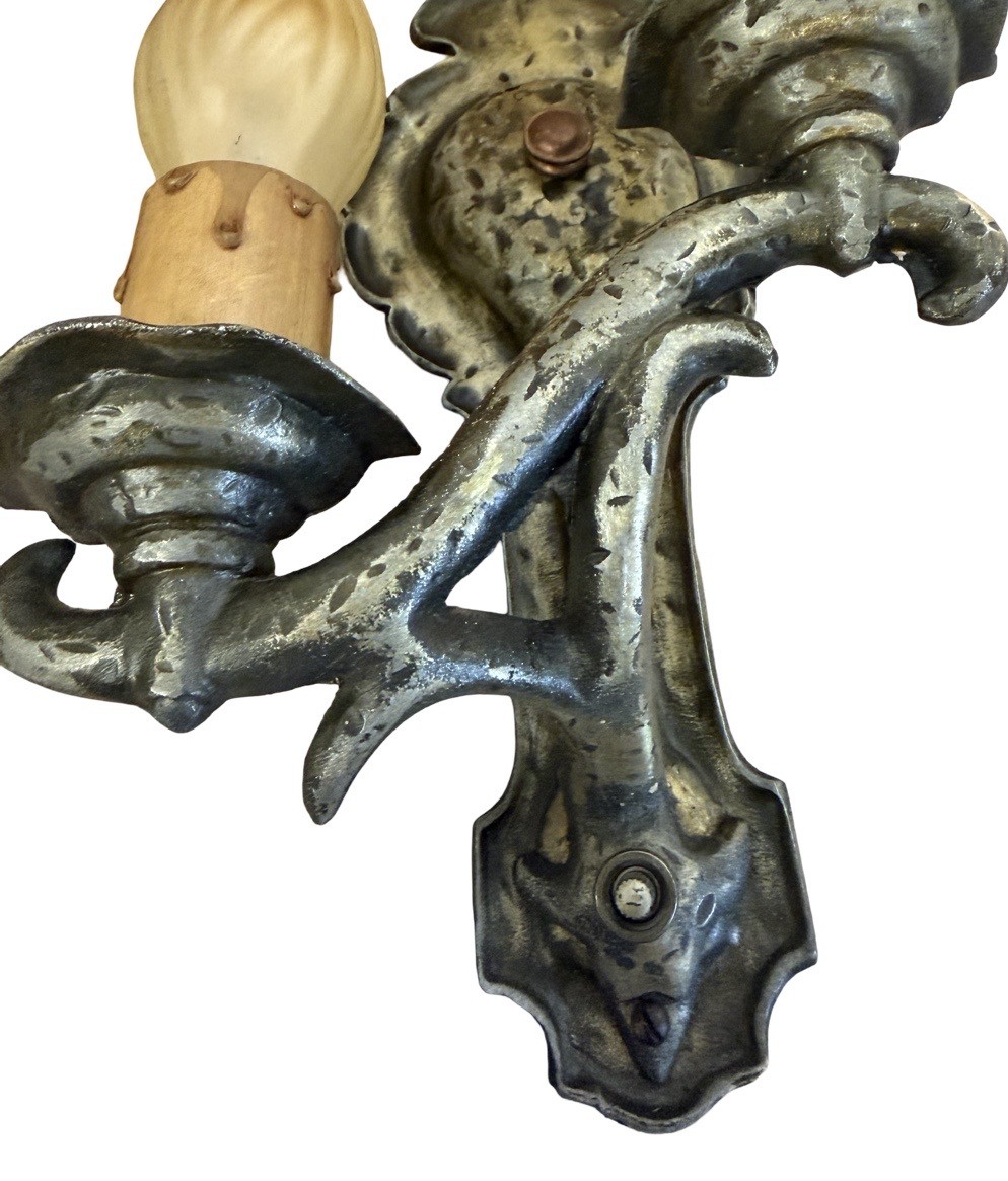 VL1281 Pr Markel MEP 2-Arm Hammered Tudor Sconces c1927 Original Finish Restored - Image 5
