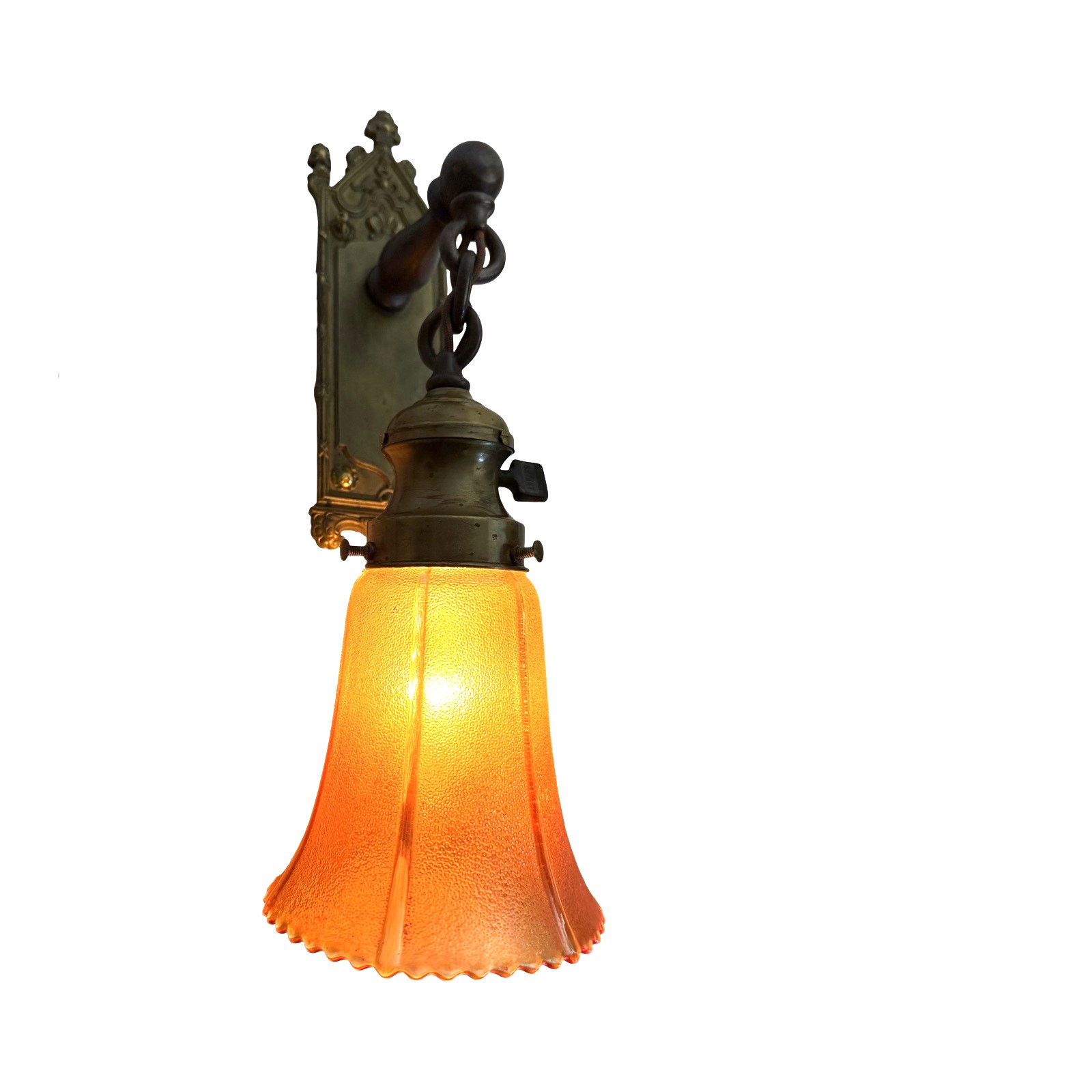 VL1282 Antique Bronze c1905 Tudor Gothic Sconce Carnival Glass Shade Restored - Image 2