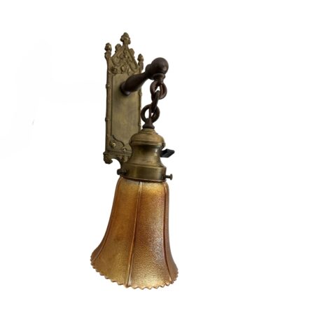 VL1282 Antique Bronze c1905 Tudor Gothic Sconce Carnival Glass Shade Restored