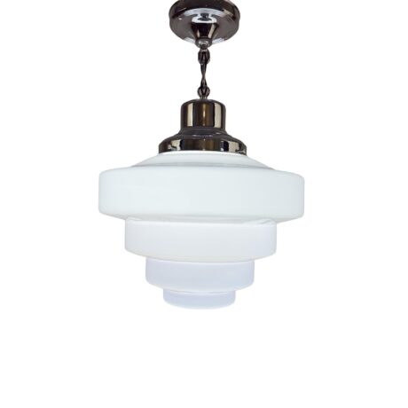 VL1290 Vintage Art Deco 1930 Chrome Pendant Skyscraper Milk Glass Shade Restored