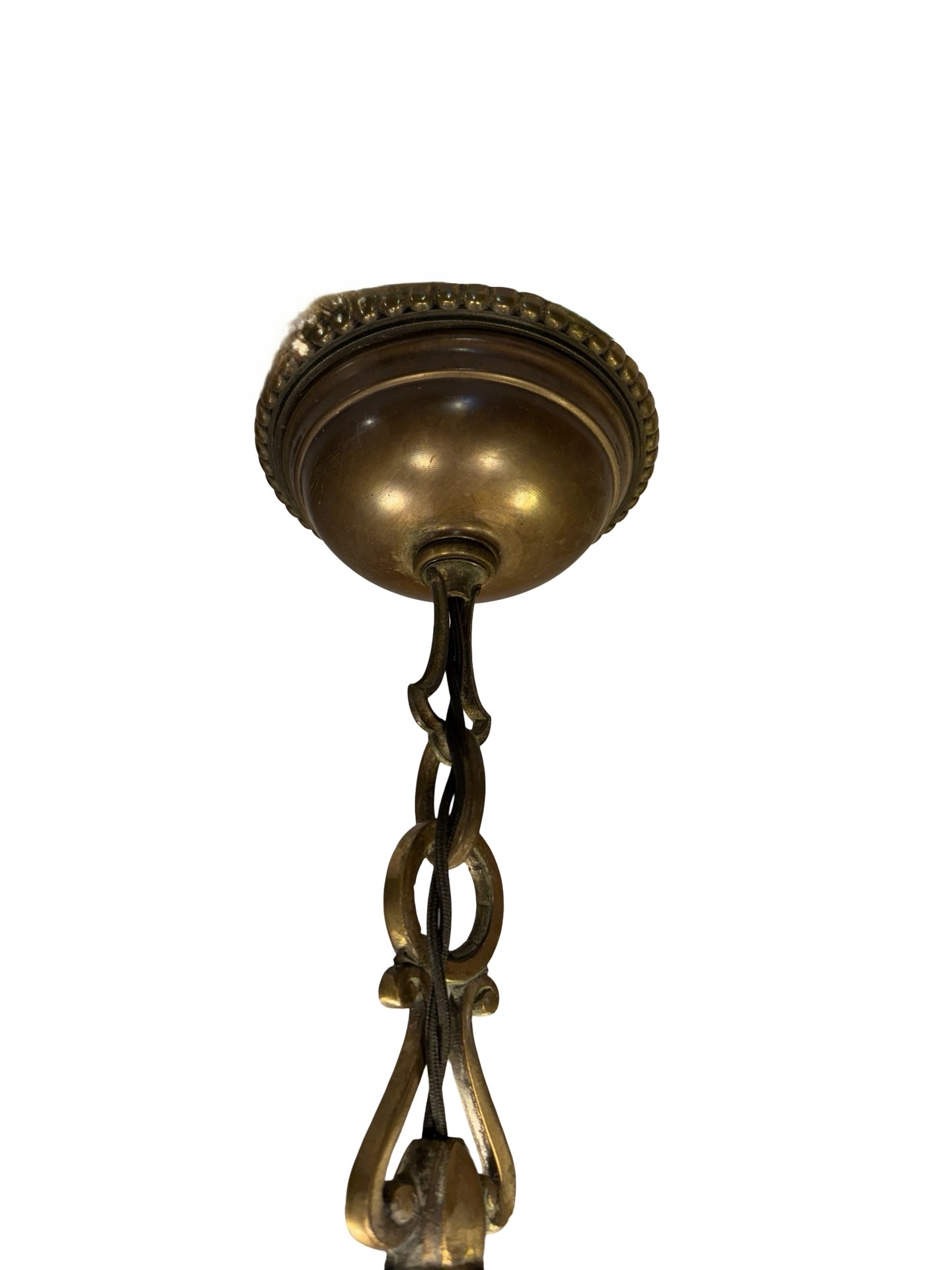 VL1304 Vintage c1932 Cast Bronze 5 Light Chandelier Quezal Shades Restored - Image 6