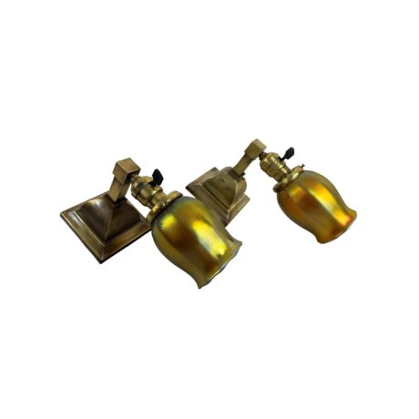 VL1298 Pair Antique Brass Craftsman c1910 Sconces Steuben Gold Aurene Shades Restored