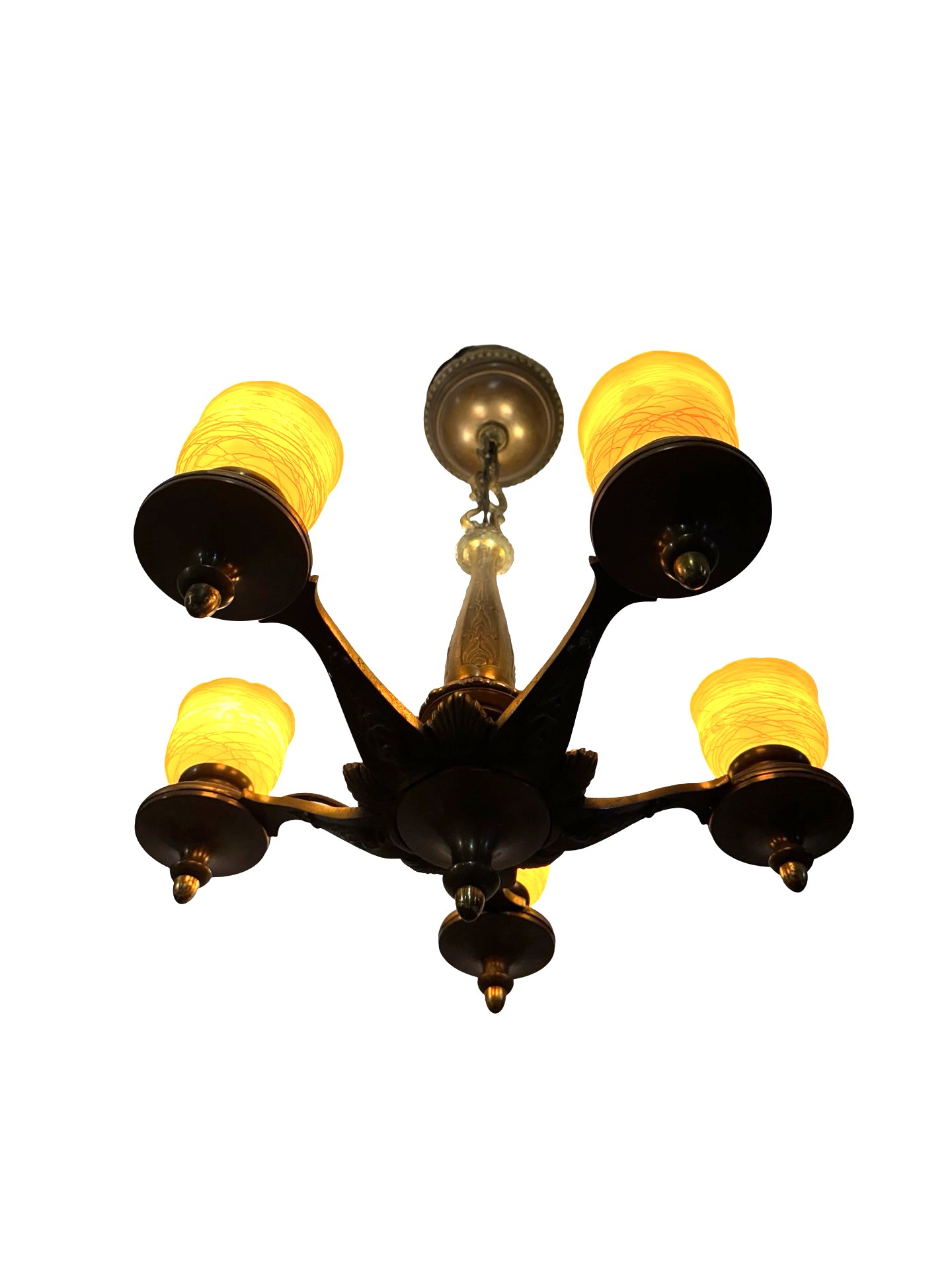 VL1304 Vintage c1932 Cast Bronze 5 Light Chandelier Quezal Shades Restored - Image 3