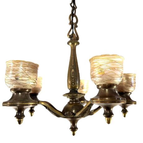 VL1304 Vintage c1932 Cast Bronze 5 Light Chandelier Quezal Shades Restored