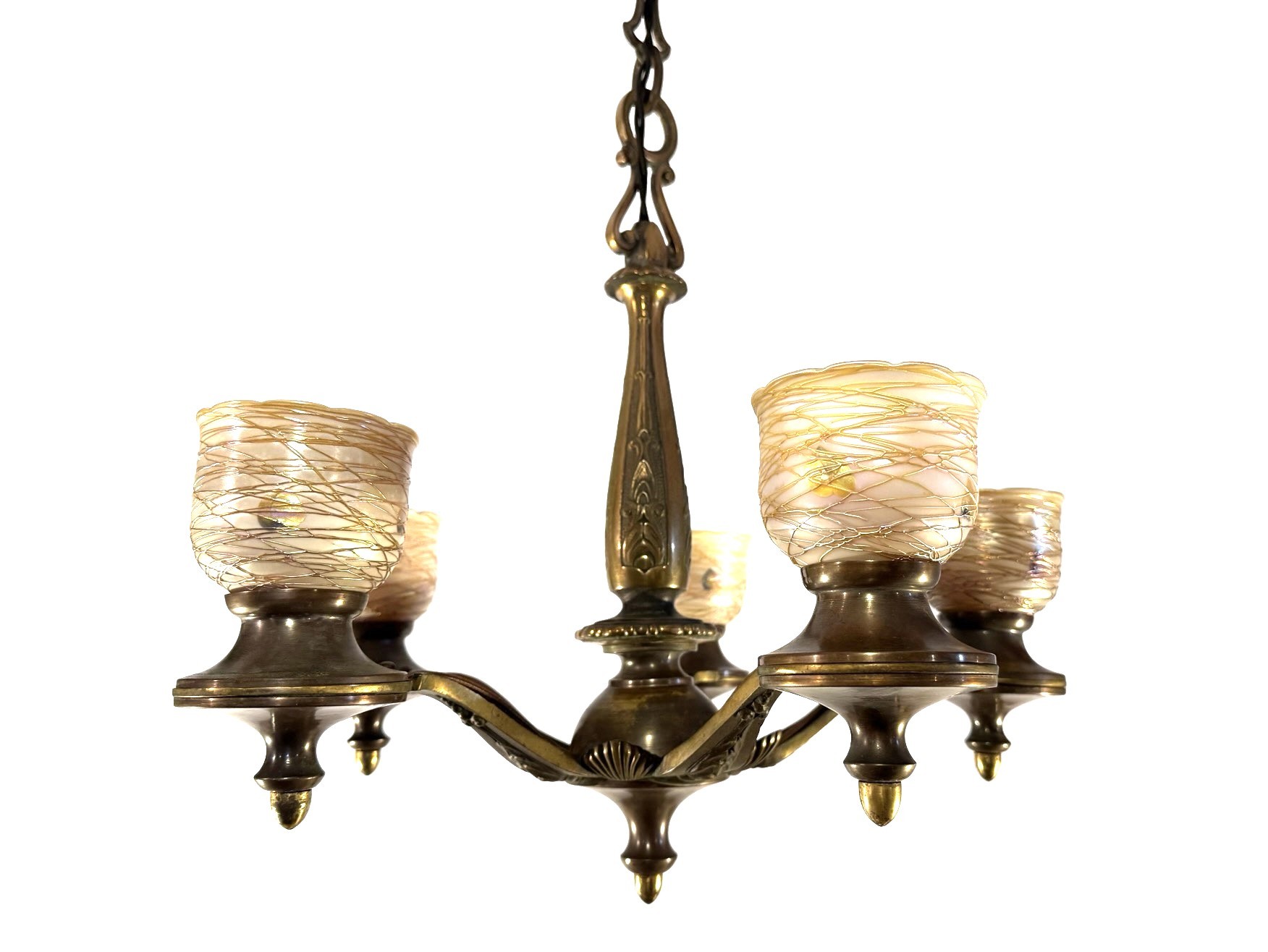 VL1304 Vintage c1932 Cast Bronze 5 Light Chandelier Quezal Shades Restored