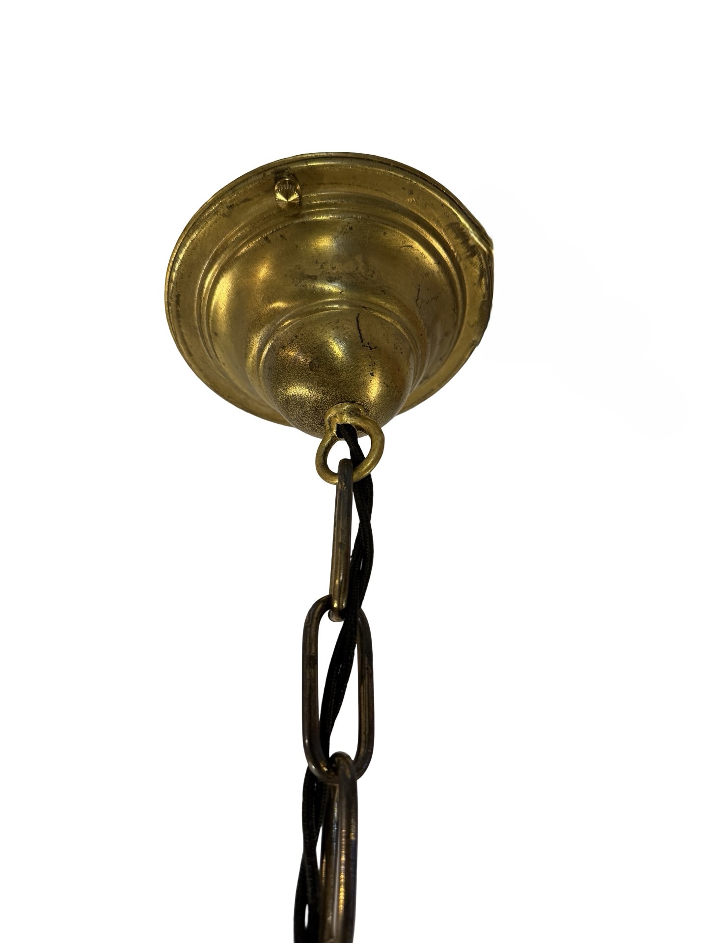 VL1309 Antique c1920 Brass Pendant Quezal Leaf & Vine Art Glass Shade Restored - Image 4