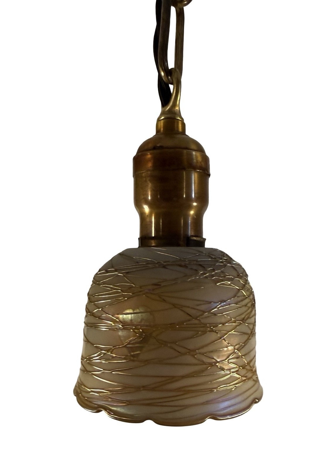 VL1309 Antique c1920 Brass Pendant Quezal Leaf & Vine Art Glass Shade Restored - Image 3