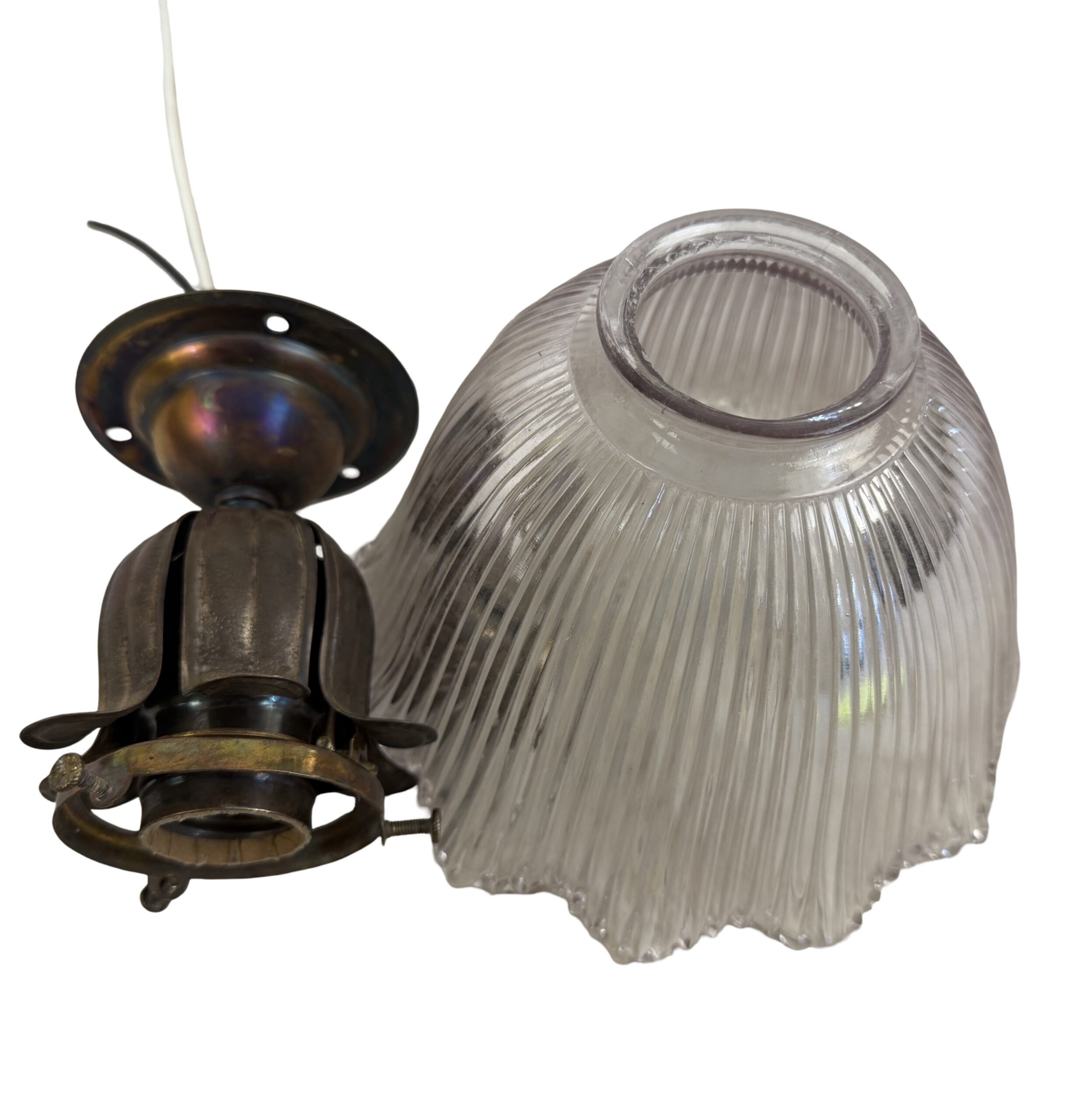 VL1310 Antique c1905 Craftsman Brass Tulip Beam Light Holophane Shade Restored - Image 6