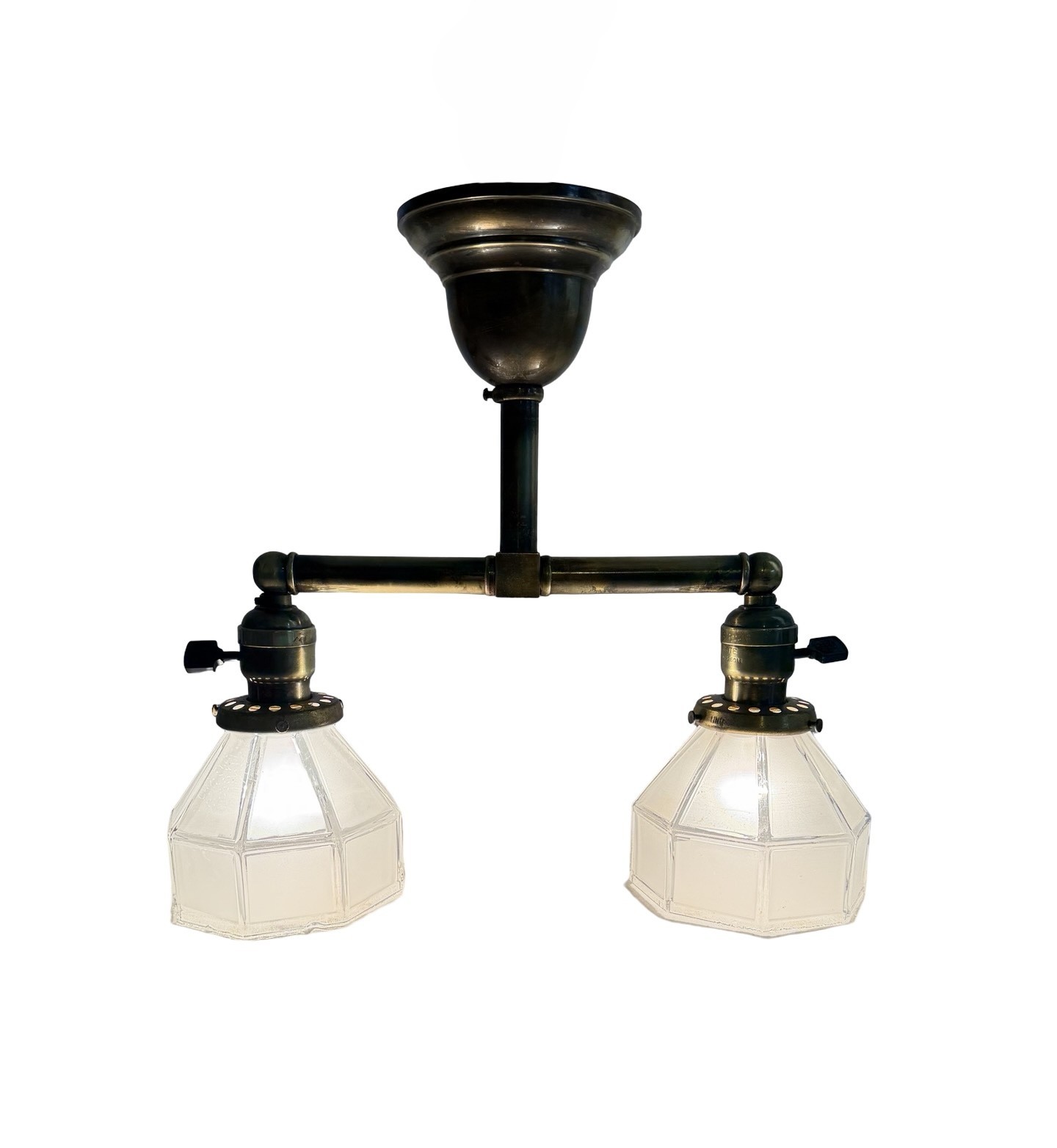 VL1307 Antique c1905 Brass Craftsman Ceiling Light Period Octagon Shades Restored - Image 2
