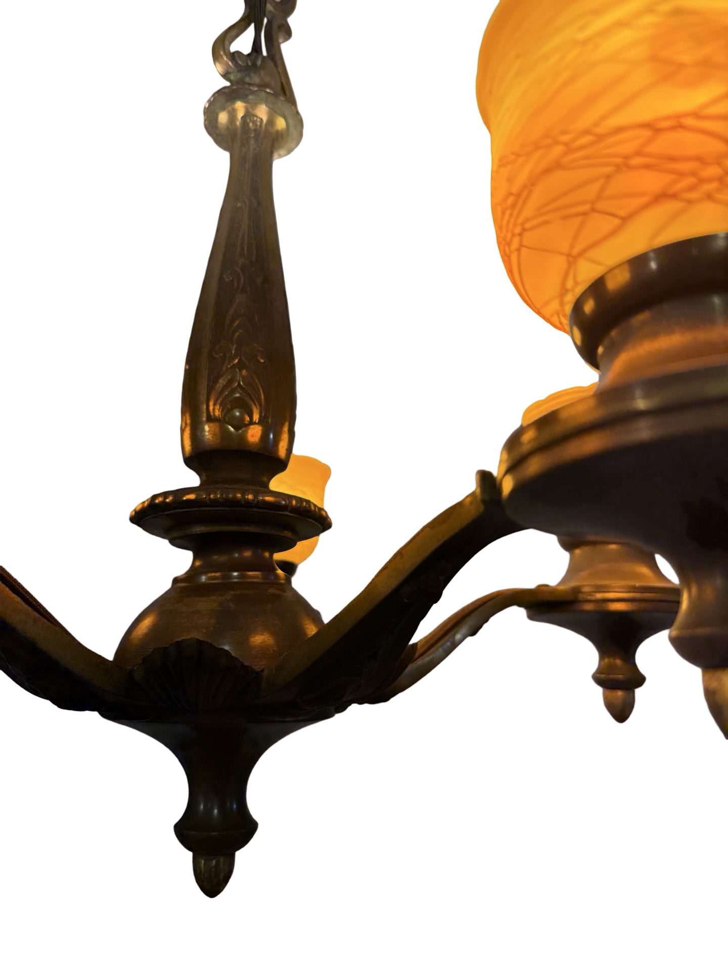 VL1304 Vintage c1932 Cast Bronze 5 Light Chandelier Quezal Shades Restored - Image 4