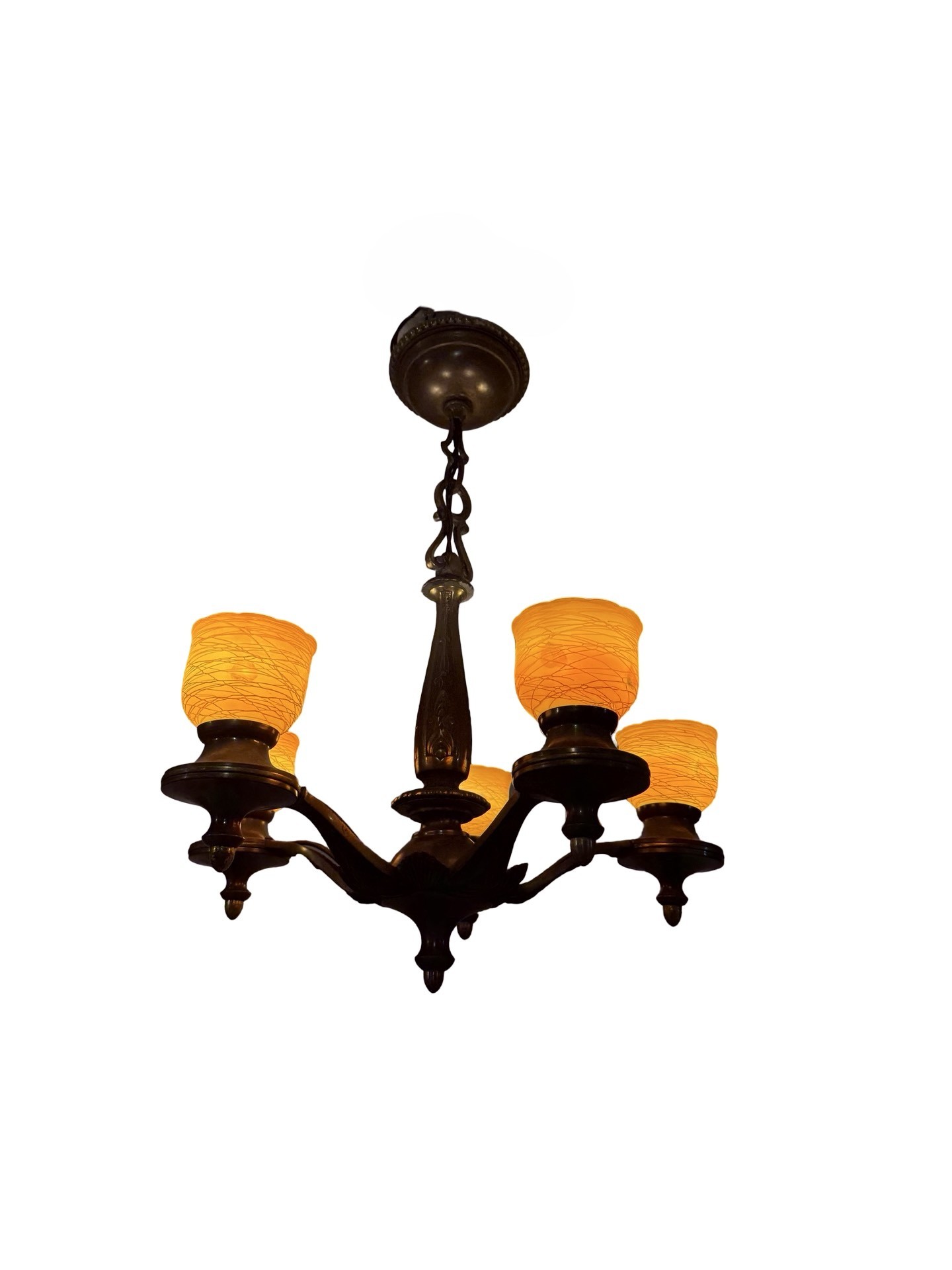 VL1304 Vintage c1932 Cast Bronze 5 Light Chandelier Quezal Shades Restored - Image 2