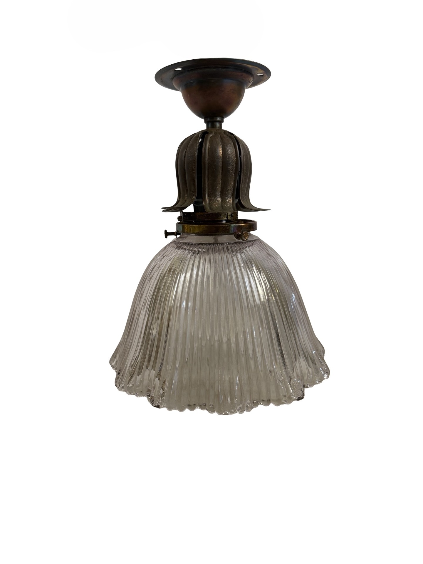 VL1310 Antique c1905 Craftsman Brass Tulip Beam Light Holophane Shade Restored - Image 2