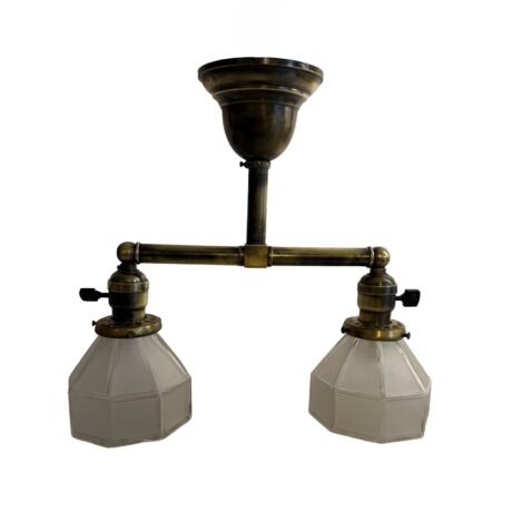 VL1307 Antique c1905 Brass Craftsman Ceiling Light Period Octagon Shades Restored