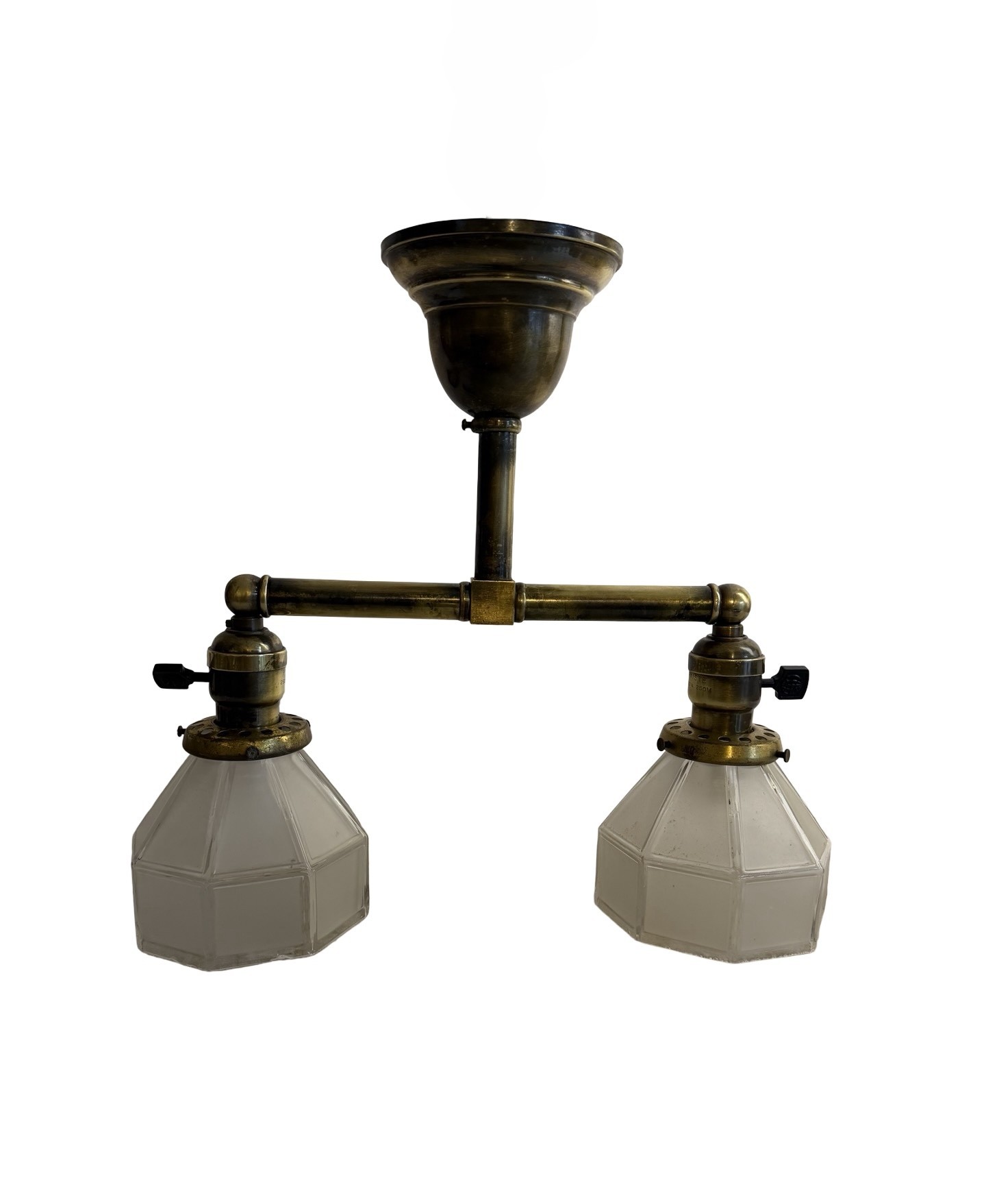 VL1307 Antique c1905 Brass Craftsman Ceiling Light Period Octagon Shades Restored