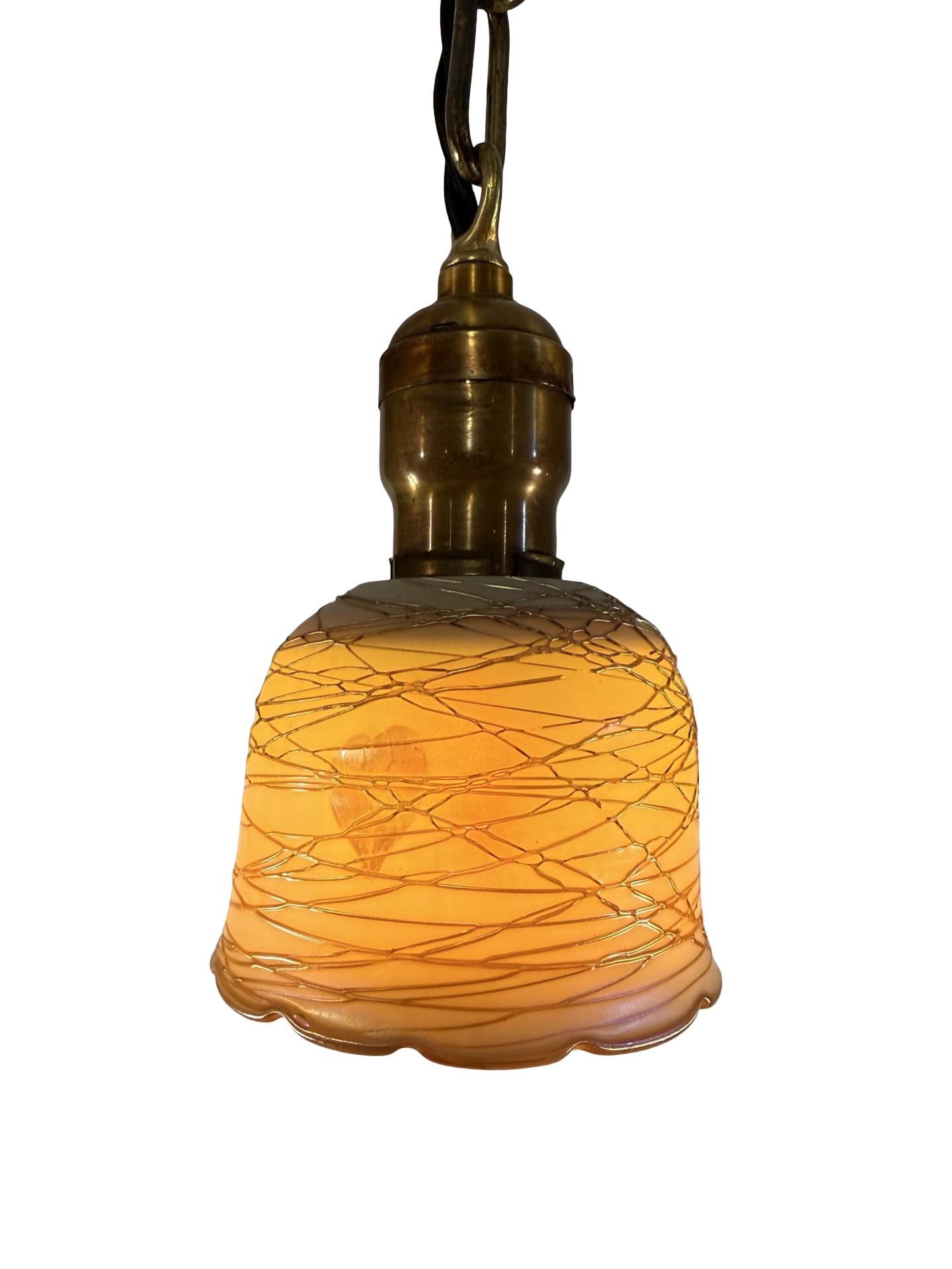 VL1309 Antique c1920 Brass Pendant Quezal Leaf & Vine Art Glass Shade Restored - Image 2