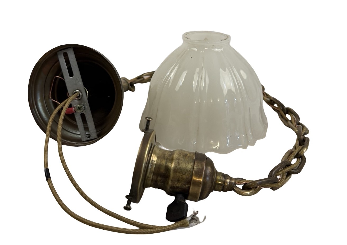 VL1343 Antique Vintage c1904 Brass Pendant Clambroth Sheffield Shade Restored - Image 8