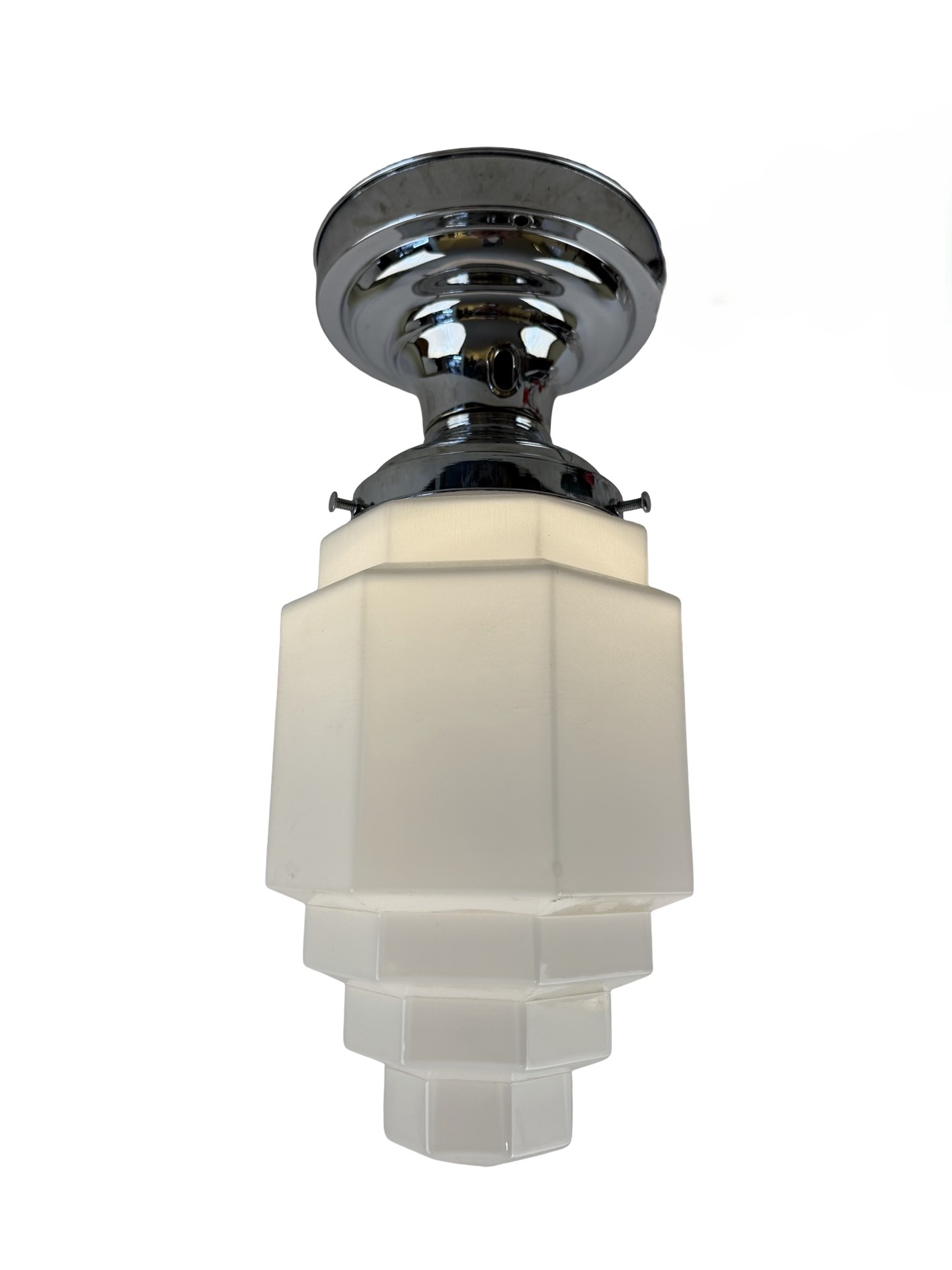 VL1323 Vintage c1930 Chrome Art Deco Ceiling Light Stepped Skyscraper Shade MINT - Image 2