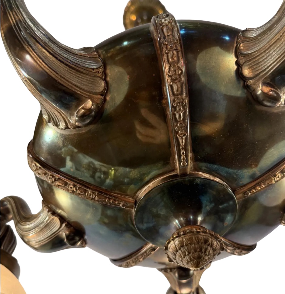 VL1342 Antique c1910 Classical Revival Cast & Stamped Brass Chandelier Restored - Image 4