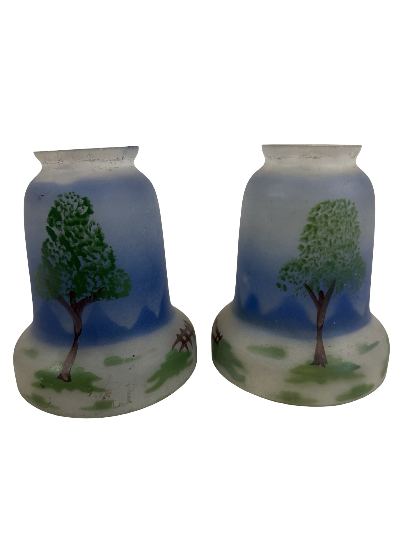 VL1329 Pair Antique c1910 Hand Painted Glass Shades Czech Blue Sky Trees Mint - Image 4