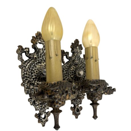 VL1340 Pair Antique Hammered Cast Iron c1920s Halcolite Candle Sconces Restored