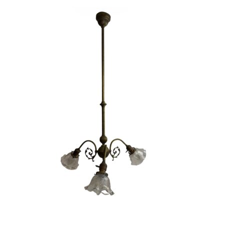 VL1336 Antique Victorian c1905 Brass 3-Light Loop Arm Chandelier Restored