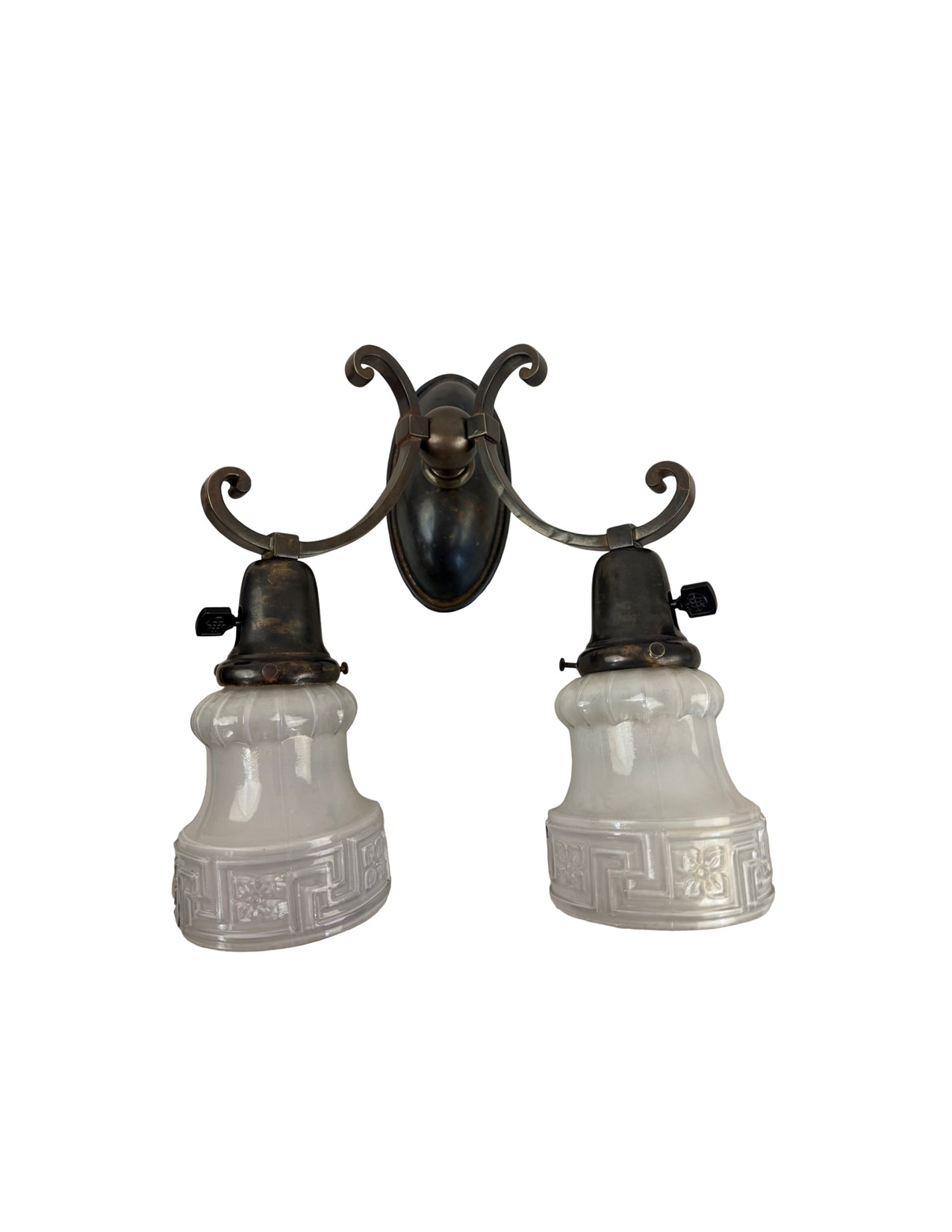 VL1338 Antique c1915 Cast Bronze Monumental Double Sconce Converted Gas Restored