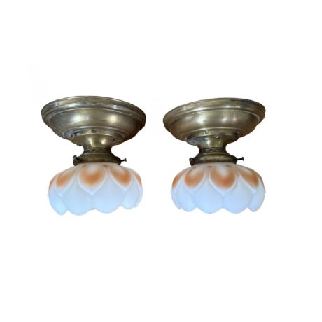VL1351 Pair Antique c1915 Semi Flush Mount Lights Satin Lotus Flower Shades Restored