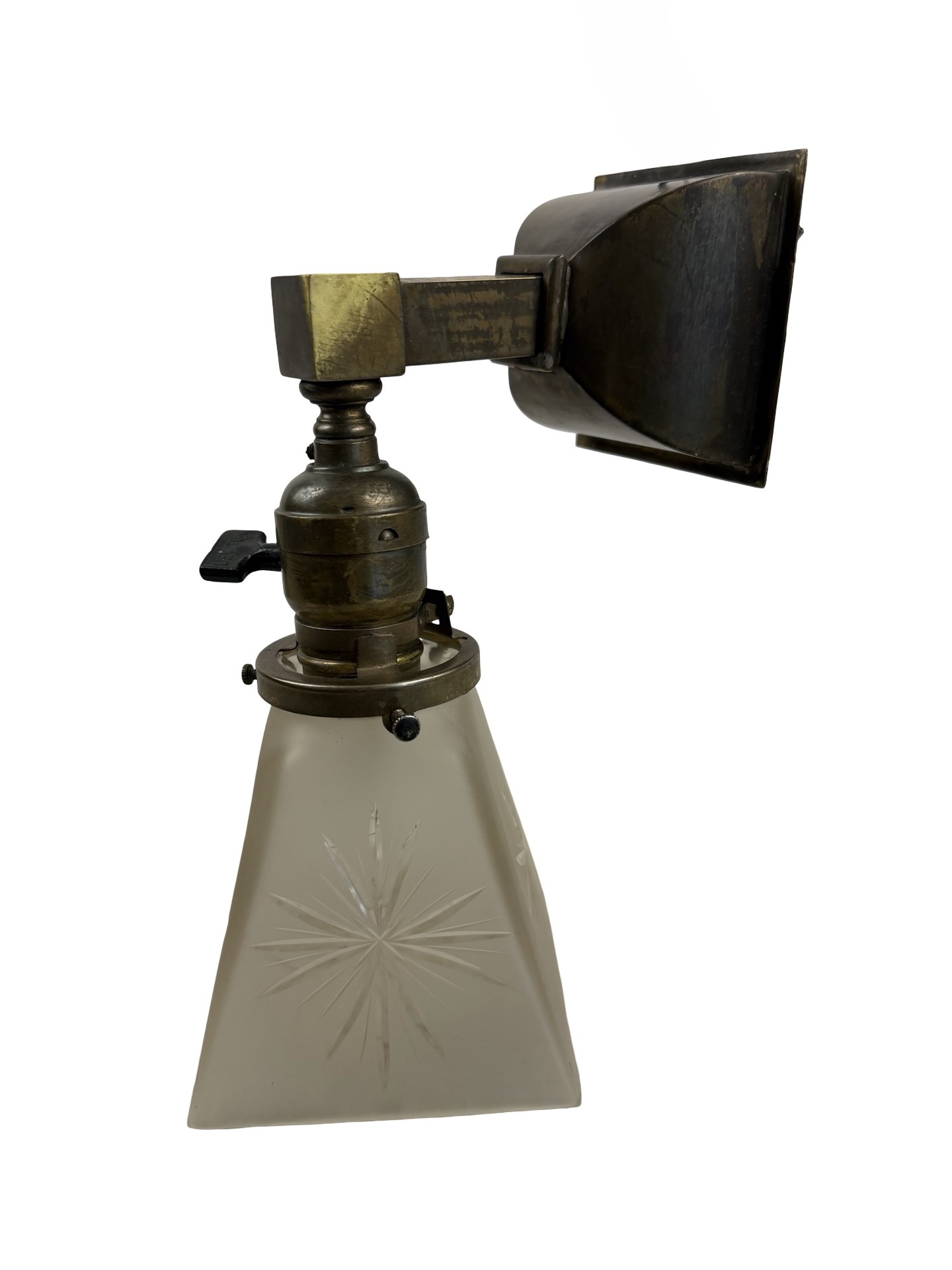 VL1325 Antique c1905 Craftsman Brass Beam Sconce Period Starburst Shade Restored - Image 4