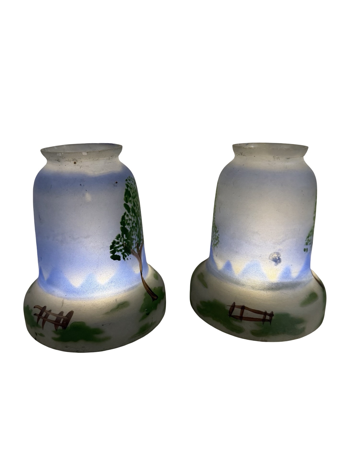 VL1329 Pair Antique c1910 Hand Painted Glass Shades Czech Blue Sky Trees Mint - Image 2