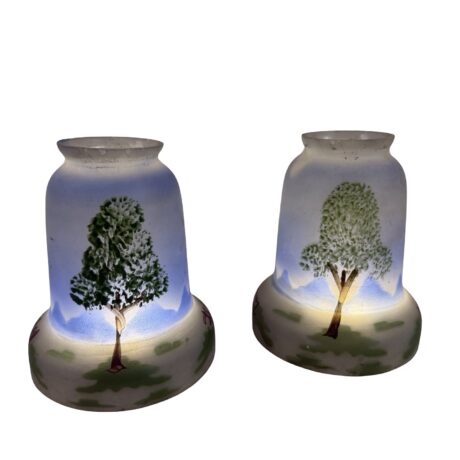 VL1329 Pair Antique c1910 Hand Painted Glass Shades Czech Blue Sky Trees Mint