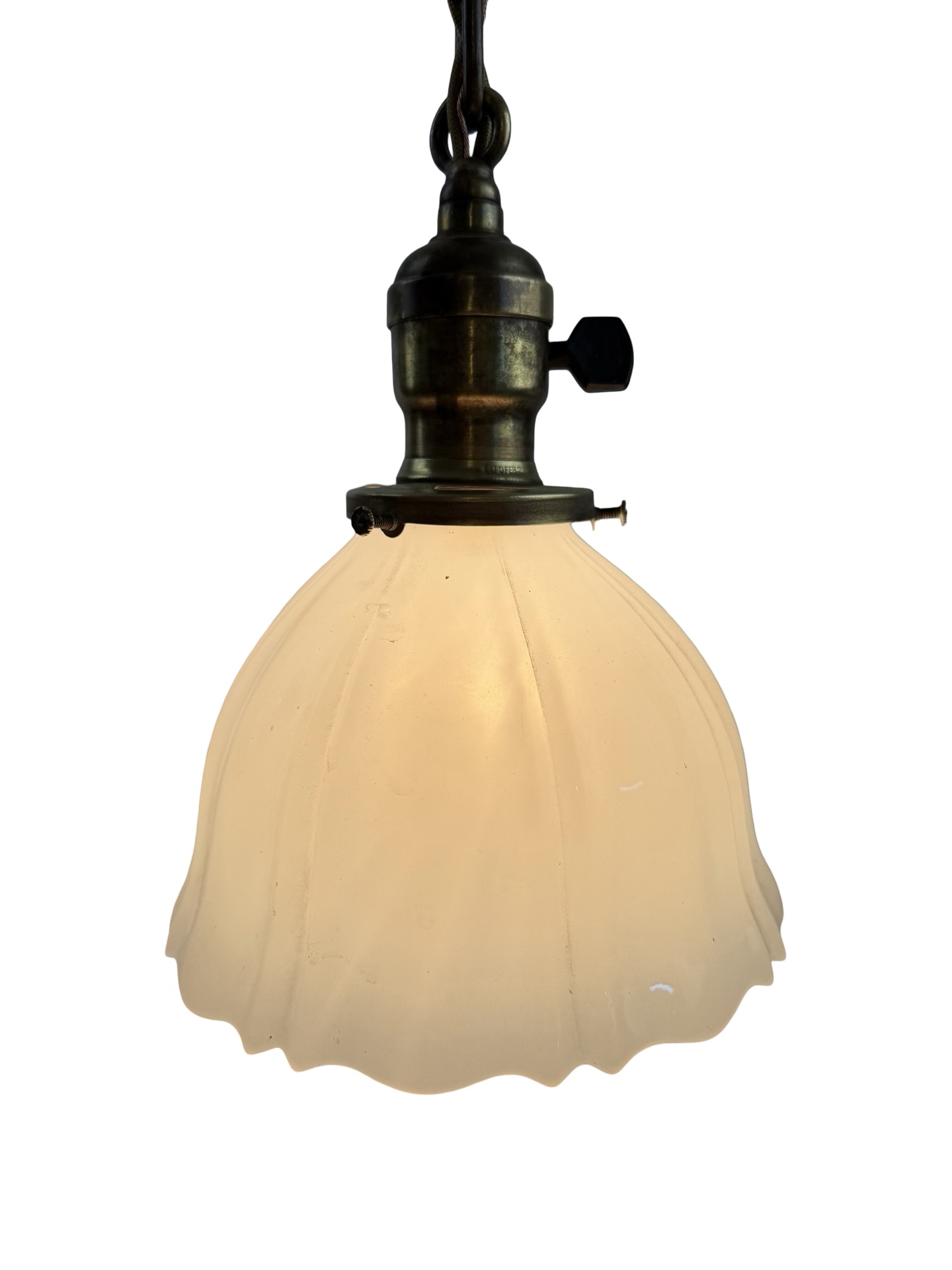 VL1343 Antique Vintage c1904 Brass Pendant Clambroth Sheffield Shade Restored - Image 3