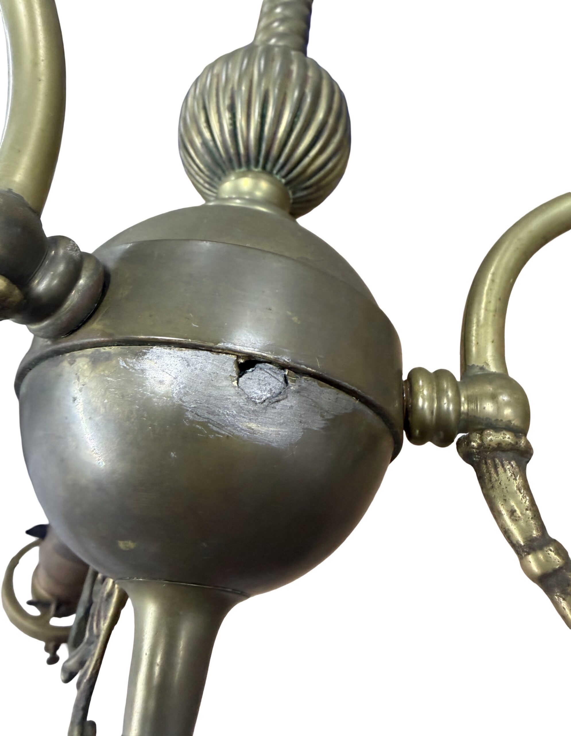 VL1336 Antique Victorian c1905 Brass 3-Light Loop Arm Chandelier Restored - Image 8
