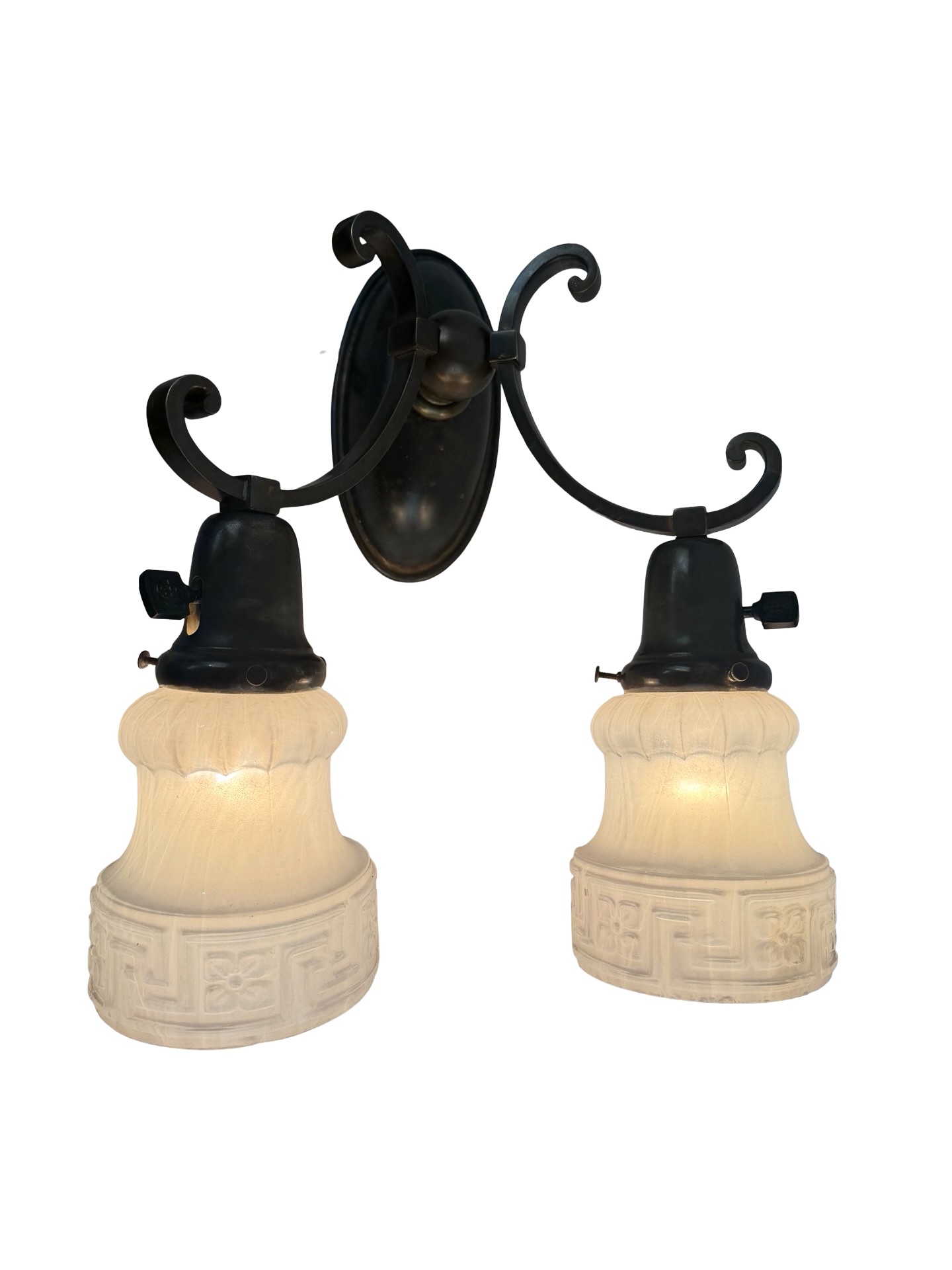 VL1338 Antique c1915 Cast Bronze Monumental Double Sconce Converted Gas Restored - Image 2