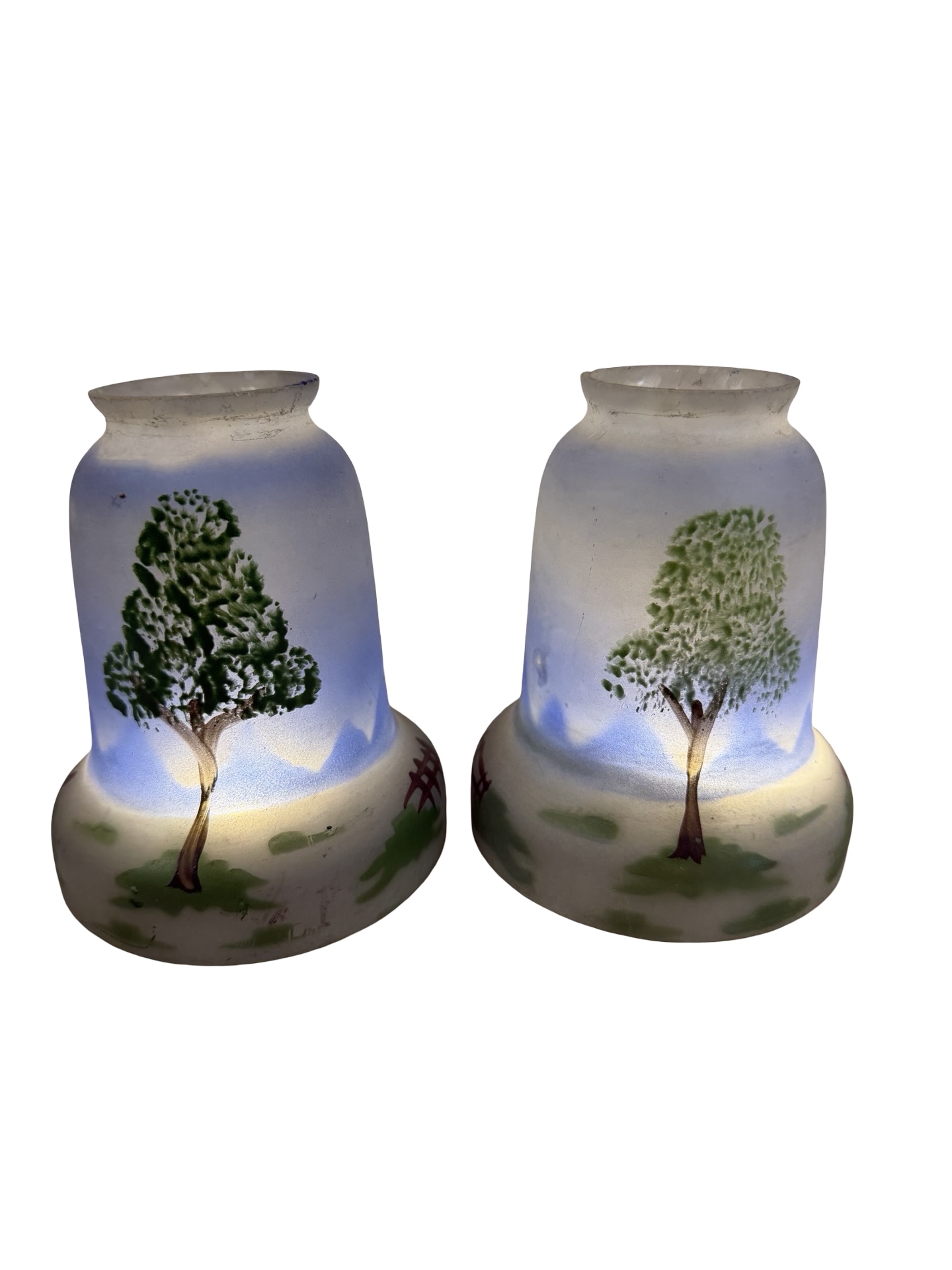 VL1329 Pair Antique c1910 Hand Painted Glass Shades Czech Blue Sky Trees Mint - Image 3