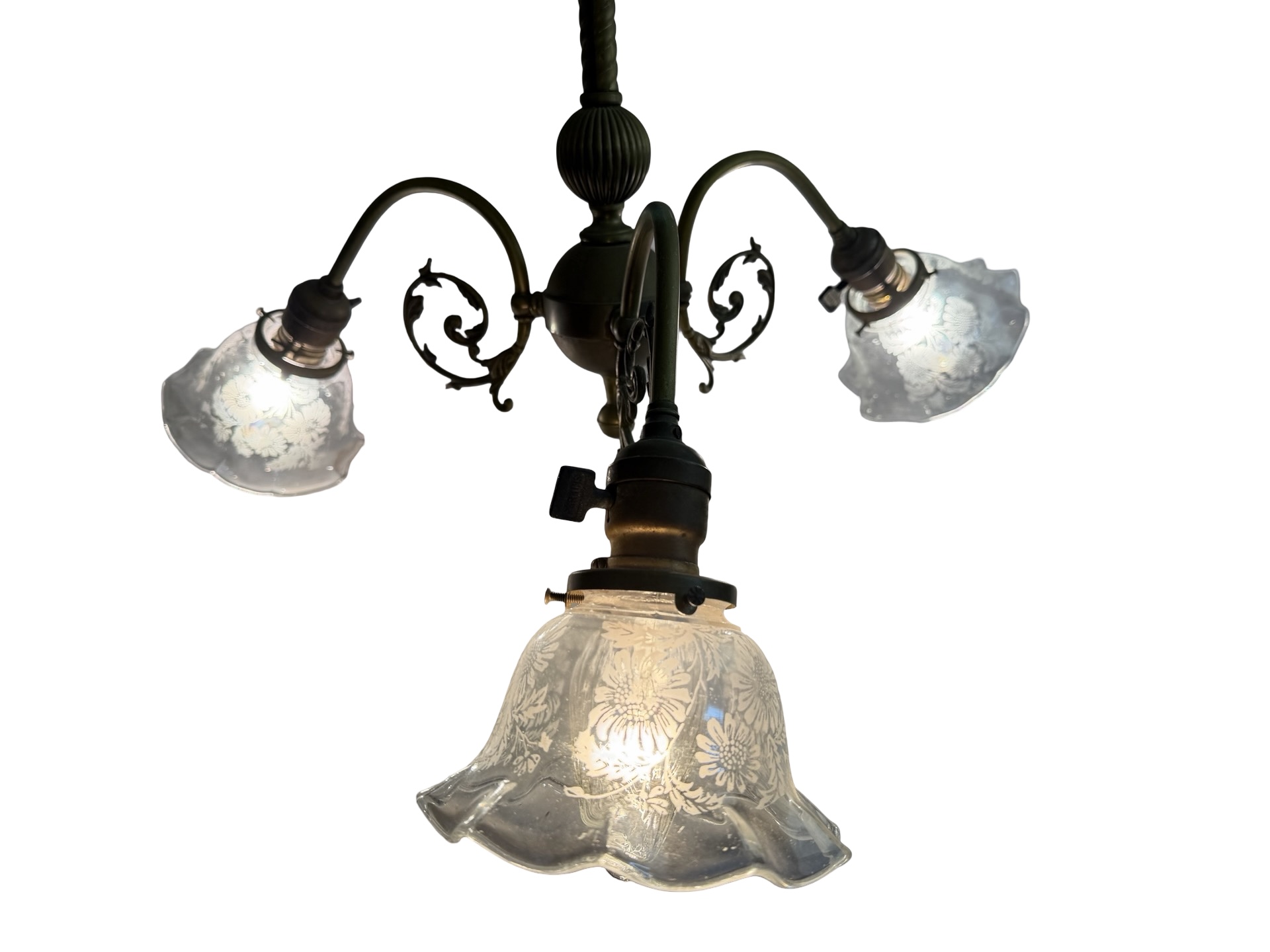 VL1336 Antique Victorian c1905 Brass 3-Light Loop Arm Chandelier Restored - Image 4