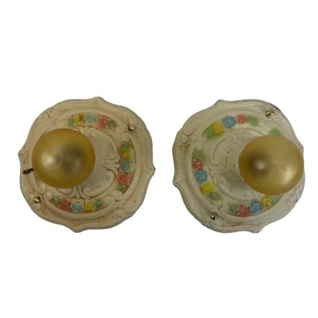 VL1327 Pair Antique c1920 Cast Aluminum Flush Mount Lights Polychrome Restored