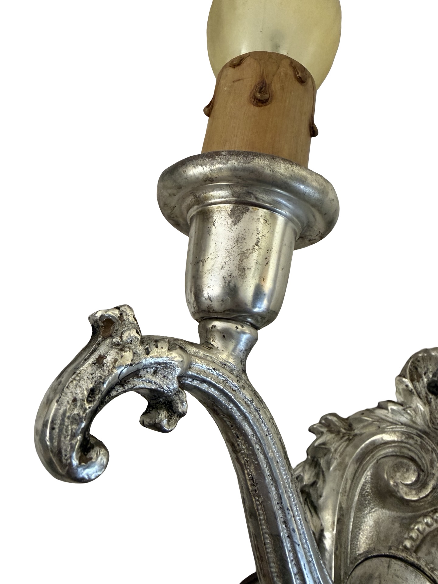 VL1363 Antique c1915 Silver Plated Cast Bronze 2-Arm Candle Sconce Restored - Image 4